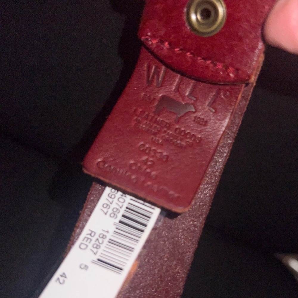 Will Leather Goods Red Genuine Leather Belt Brass Buckle Size 42 Mens NEW